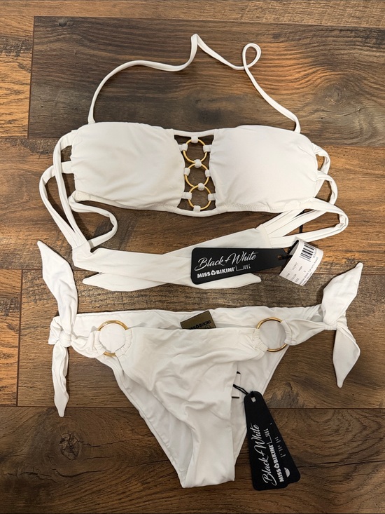Miss Bikini, Italy Other - Black & White White Bandeau Bikini with Gold Ring Accents